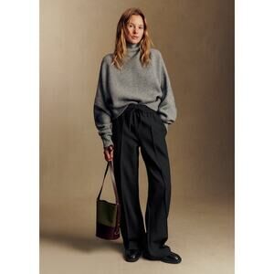Sézane Bruce Trousers Black Wide Leg Drawstring Pleated Pants FR 38 US 6 M